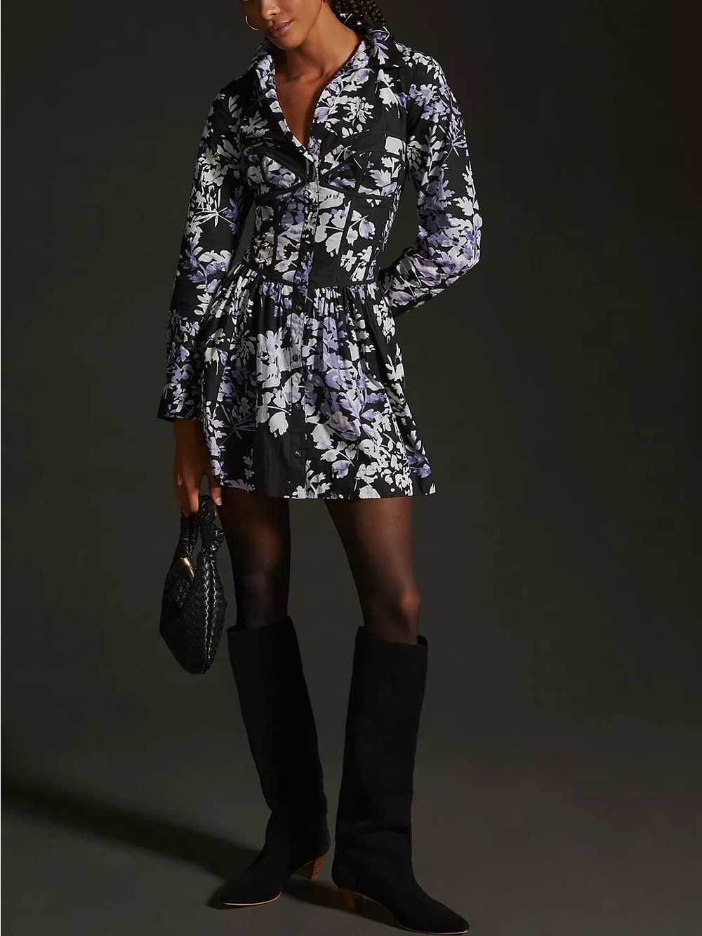 By Anthropologie Corset Shirt Dress Black Purple Floral Cotton Size 10